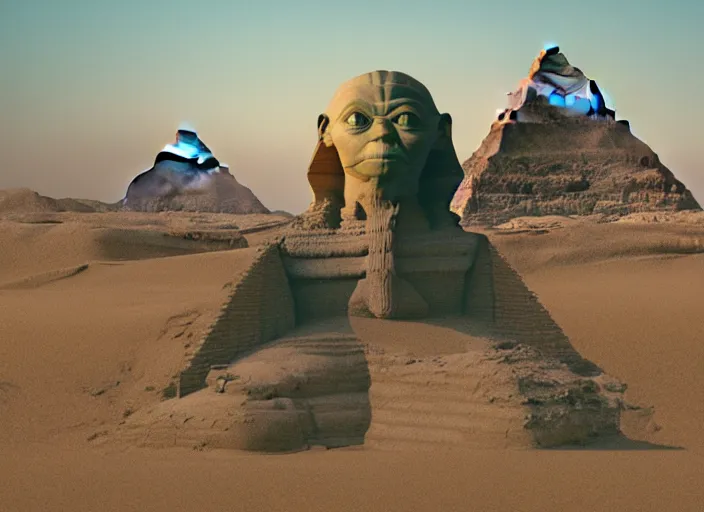 Image similar to high definition 3 d render of yoda's head on a sphinx body, egyptology, ancient aliens, grainy cinestill film landscape photo, blender, monument, 8 k
