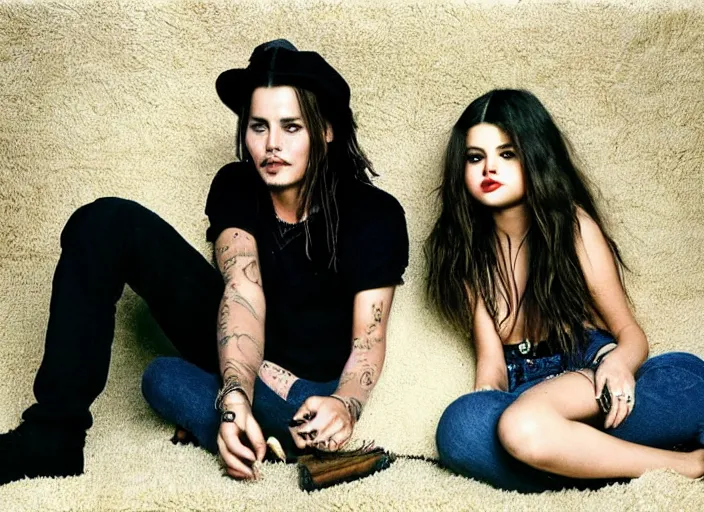 Image similar to Selena Gomez and Young Johnny Depp on a mushroom trip on shag carpet , photograph by Annie Leibovitz and Mark Seliger; oil on canvas; Dalle