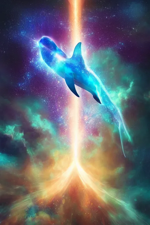 Image similar to Ethereal blue fire dolphin flying through a nebula, Sirius star system, star dust, cosmic, magical, shiny, glow,cosmos, galaxies, stars, outer space, stunning, by andreas rocha and john howe, and Martin Johnson Heade, featured on artstation, featured on behance, golden ratio, ultrawide angle, hyper detailed, photorealistic, epic composition, wide angle, f32, well composed, UE5, 8k