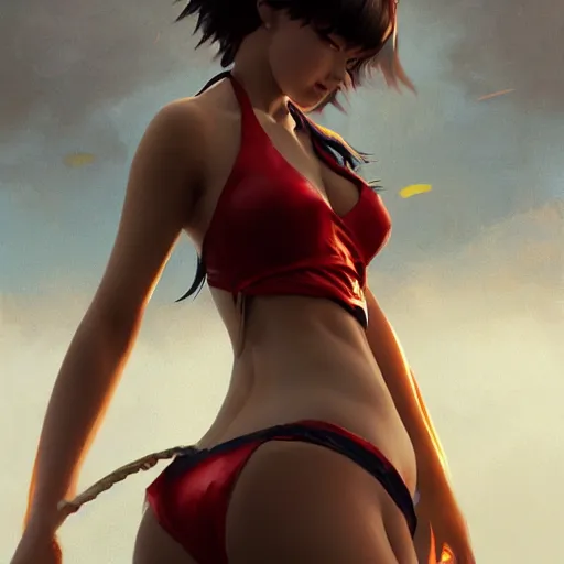 Prompt: kodak portra. by wlop, ilya kuvshinov, krenz cushart, greg rutkowski, trending on pixiv. zbrush sculpt, octane, maya, houdini, vfx. cute amazon woman wearing bikini armor. digital painting. cinematic dramatic atmosphere, sharp focus, volumetric lighting.