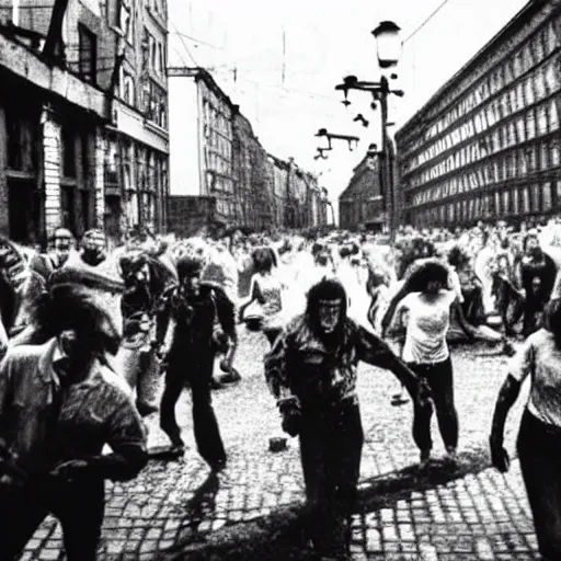 Image similar to zombie apocalypse on the streets of riga in 9 0 s, panic, horror, people running