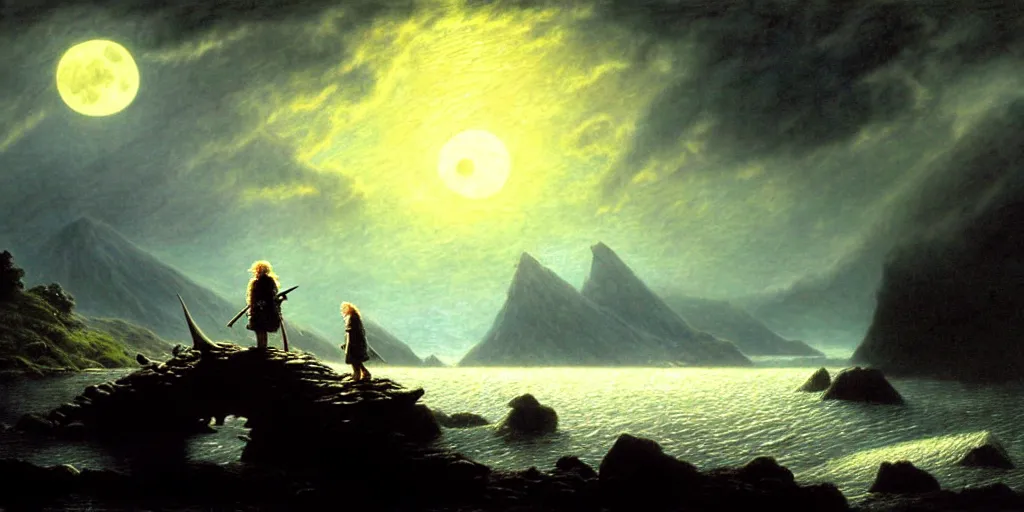 Prompt: a hobbit out at a lord of the rings scenery landscape, staring across the sea from the shore at a white timber sail boat leaving harbour, evening, highly detailed, vivid colour, soft clouds, full moon low in sky, cinematic lighting, perfect composition, gustave dore, derek zabrocki, greg rutkowski, belsinski