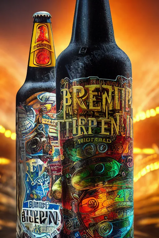 Prompt: advertise photo of a beer bottle, beer is called tripmachine, realistic digital art, label on the bottle is printed with a 3 d render of a huge futuristic steampunk generator, 8 k, fluorescent colors, halluzinogenic, multicolored, exaggerated detailed, unreal engine