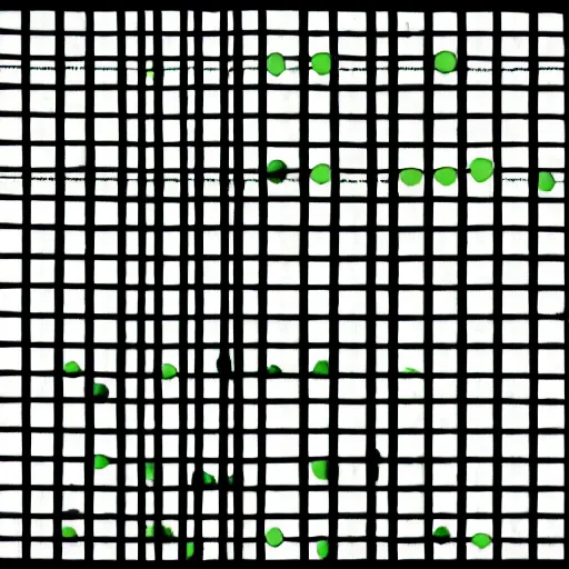Image similar to colorful dots placed on a grid with grey lines and a white outline, black background, numbers above and to the right of the grid
