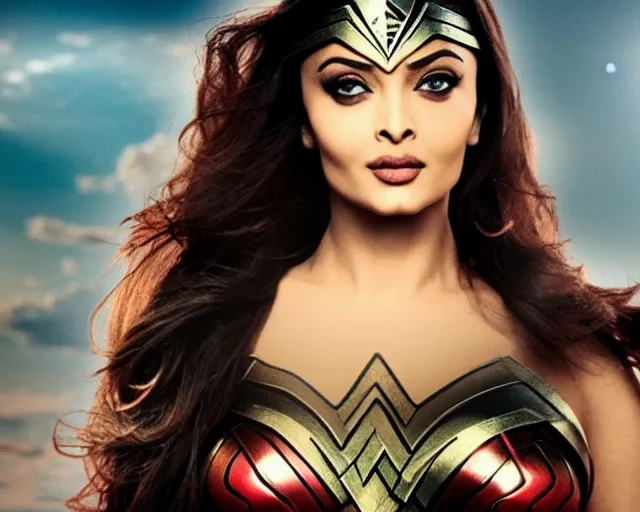 Image similar to a photo of aishwarya rai as a wonder woman, hyper realistic face, beautiful eyes, cinematic, long shot, hyper detailed, 8 5 mm photograph, 8 k resolution, film still, sharp lens, wide lens