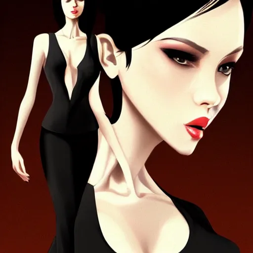 Image similar to slim killer girl in tuxedo with black bob hair, elegant, 2d, ultra highly detailed, digital painting, smooth, sharp focus, artstation, art by Ilya Kuvshinov