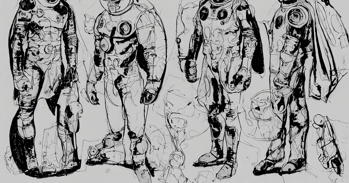 Image similar to male, heroic figure, space suit with a modern helmet, character sheet, science fiction, very stylized, concept design, pen and ink, digital painting, watercolor wash, by mike mignola, by alex maleev, jean giraud