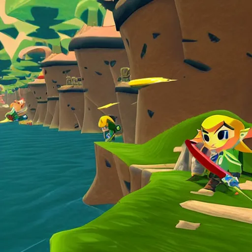 Prompt: a screenshot of the legend of zelda : the wind waker ( gcn 2 0 0 2 ), wwii battle