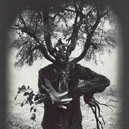 Image similar to A vintage photograph of a creepy and scary tree person, macabre W- 768
