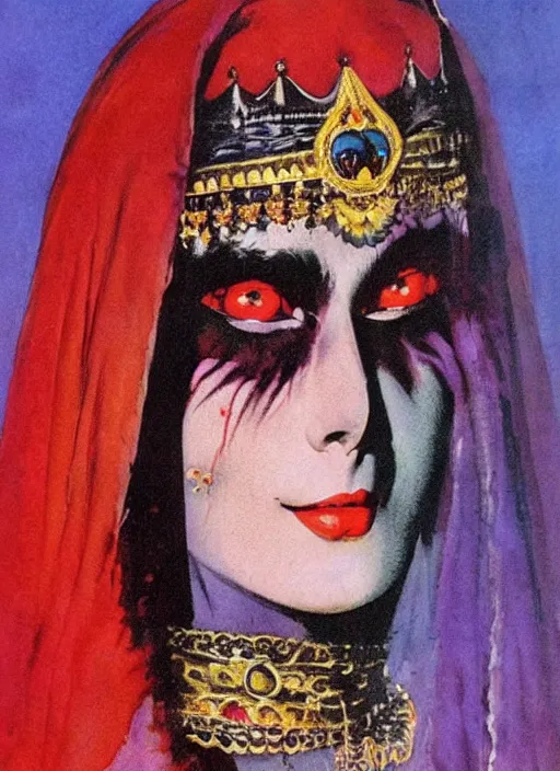 Prompt: female indian vampiress, jeweled veil, heavy mascara, strong line, saturated color, beautiful! coherent! by frank frazetta, high contrast, minimalism