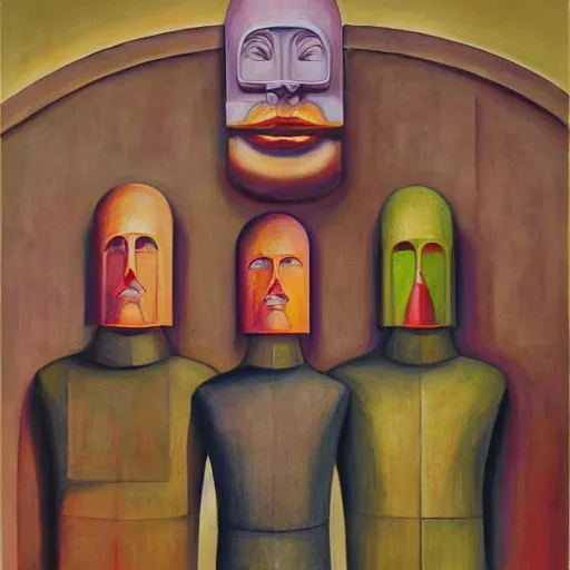 Prompt: three brutalist giant sacred robots visage, portrait, cathedral, dystopian, pj crook, edward hopper, oil on canvas