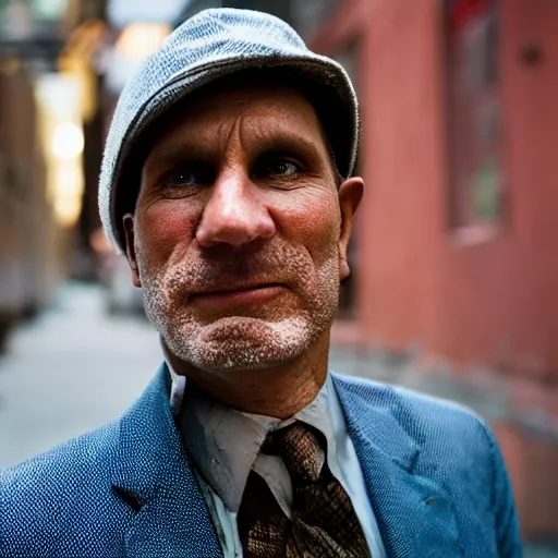Prompt: closeup portrait of a snake oil salesman in a smoky new york back street, photograph, magazine, press, photo, Annie Leibovitz and Steve McCurry, CANON Eos C300, ƒ1.8, 35mm, 8K