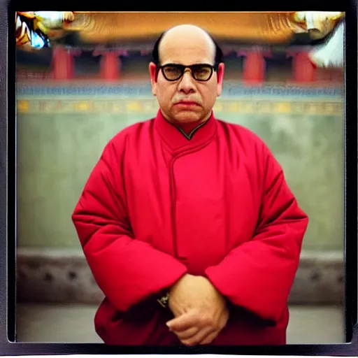 Prompt: polaroid of george costanza wearing chinese communist clothing in the forbidden city, colored, taschen, by nan goldin