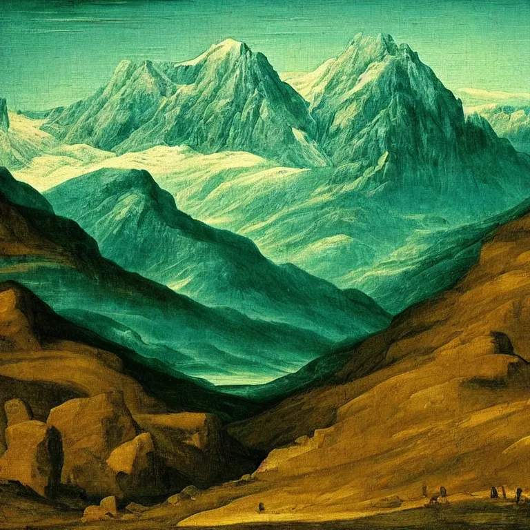 Image similar to caucasus mountains at night, renaissance painting, teal palette