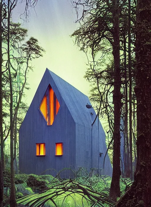 Image similar to hyper realistic witchy modern house with mood lighting and tech in the woods gorgeous lighting, blue sky, highly detailed, lush forest foliage painting by zdzisław beksinski and norman rockwell and greg rutkowski weta studio, and lucasfilm