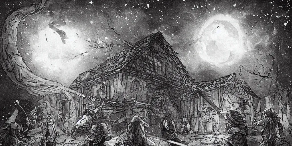 Prompt: house in the wood, around crowd of people with swords, lances and fireballs fighting against black cosmic werewolves jumping from portal from another universe, portal looks like a hole-mirror in the middle sky full of stars, a lot of tears and fear of dying, a lot of eyes wathing the action, epic scene, endless war, inspire by jakub rozalski, cinematic, monochrome, high contrast, like in museum, details, outlines, bright colors, 4k render, future rendering, fashion magazine effects, beautiful light