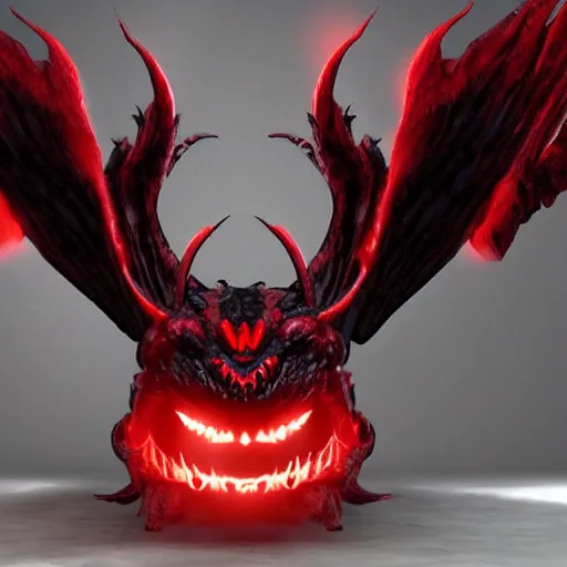 Image similar to black demon with evil face red eyes red mouth, wings, 8 k, high quality, highly realistic photo realistic