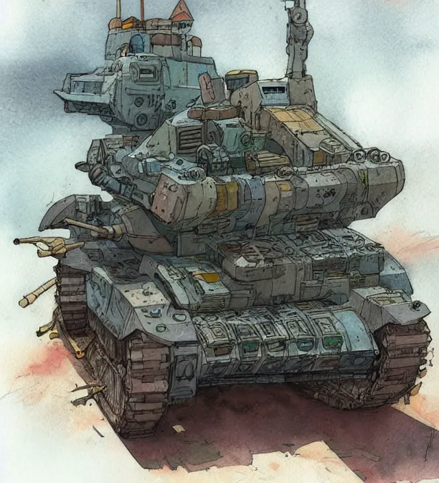 Prompt: a 3 / 4 view watercolor ink painting of a post - apocalyptic tank in the style of jean giraud in the style of moebius trending on artstation deviantart pinterest detailed realistic hd 8 k high resolution