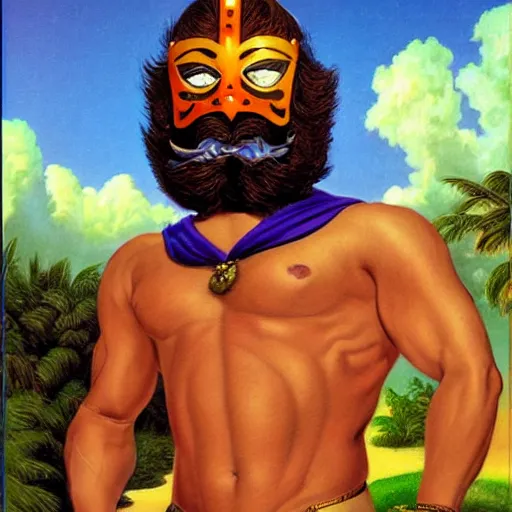 Prompt: a red bearded man wearing a purple luchadore mask and tuxedo, highly detailed, masterpiece, illustrated, art by boris vallejo