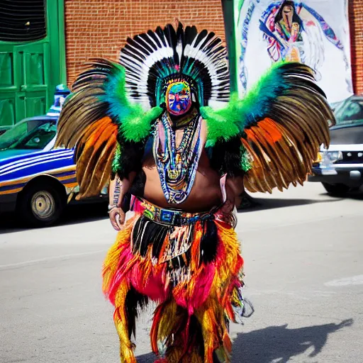 Prompt: full body photo of an indigenous chologoth shaman dressed with a quetzalcoatl feathered serpent dancing over a lowrider police patrol in brooklyn