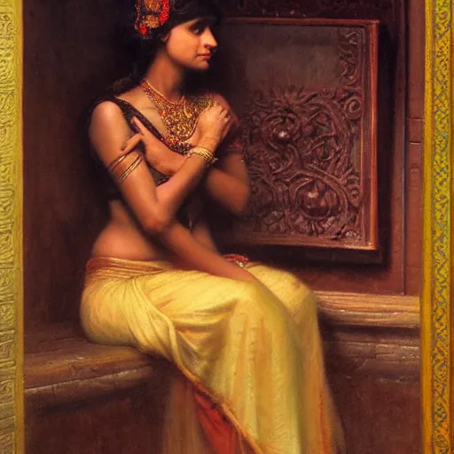 Image similar to detailed potrait of hindu traditional womansitting alone in dark room, girl graceful,, painting by gaston bussiere, craig mullins, j. c. leyendecker, lights, art by ernst haeckel, john william godward, hammershøi,,