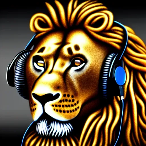 Prompt: steampunk rastafari lion wearing headphones and using a computer, photorealistic 4 k detailed digital art