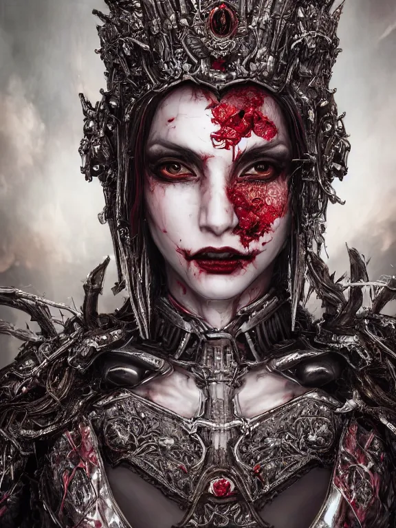Prompt: portrait art of 8k ultra realistic vampire queen,intricate red crown, detailed intricate ornate armour,decaying, cybernetic, full of colour, cinematic lighting, battered, trending on artstation, 4k, hyperrealistic, focused, extreme details,unreal engine 5, cinematic, masterpiece, art by ayami kojima, giger