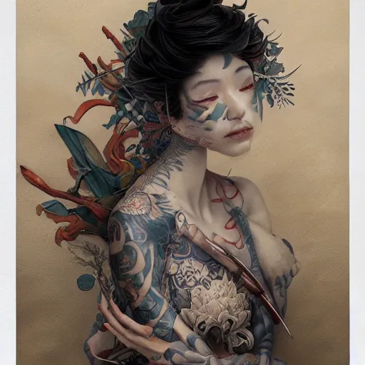 Image similar to ultra realistic, beautiful mixed woman with tattoos, wearing a kimono, japanese inspired, in the style of peter mohrbacher by weta digital and beth cavener, intricate, masterpiece, award winning, intricate