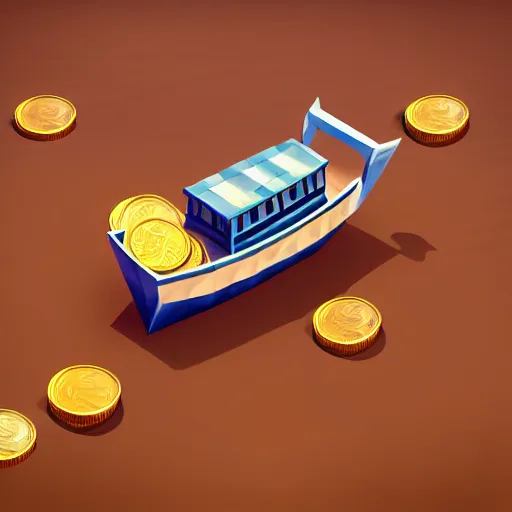 Image similar to boat in the dessert filled with coin and jewl collectables, game concept, low poly, horizontal view