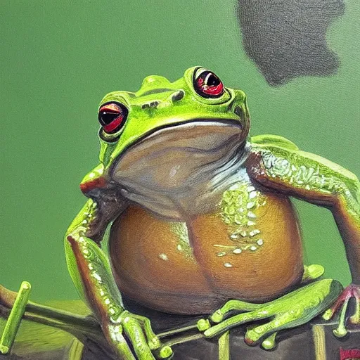 Image similar to frog with a sword, oil painting