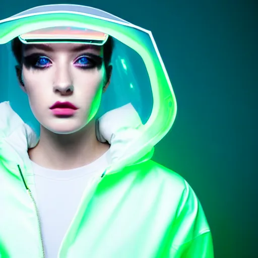 Image similar to an ultra high definition professional studio quality photograph of an artificial celebrity cyberpunk pop star wearing a transparent iridescent perspex pastel coloured face visor and matching raincoat in an empty white room. dramatic lighting. volumetric shadows. light rays