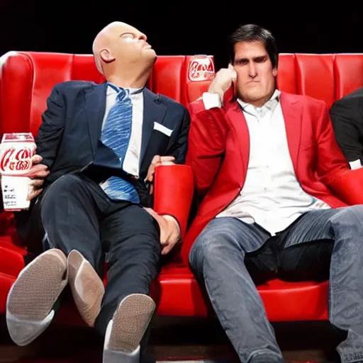 Prompt: Coca Cola character fall asleep in front of Kevin O'Leary and Mark Cuban, in Shark Tank (2016)