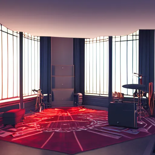 Prompt: A screenshot of a photorealistic Virtual Reality music studio, living room vibe, Paris hotel style, red velvet furniture, light rays coming out of the windows, the window has a view on Paris, raytracing, highly detailed, futuristic, unreal engine 5, photoscanned, photorealistic,