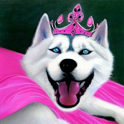 Prompt: fat siberian husky dog princess in pink gown with a goofy expression, medieval painting