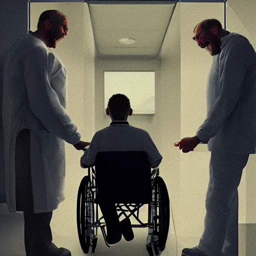 Prompt: a male patient in a wheelchair in the hospital with his wife and son standing by. happy, cheerful, smiling, intricate, face enhance, sharp focus, cinematic lighting, featured in artistation, 8 k, art by greg rutkowski, emiliya lane