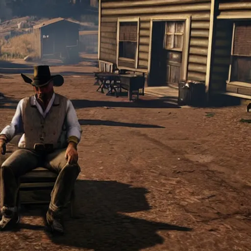 Prompt: walter white sitting behind a table with chemicals in red dead redemption 2