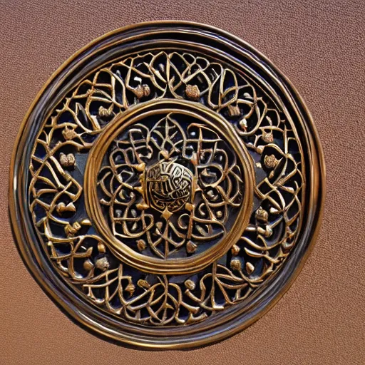 Prompt: gorgeous ornated bronze realistic detailed sacred camel wall decoration with filigree, islamic calligraphy