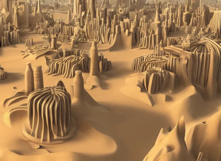 Image similar to cover concept art of the lost sand city, levitating sand, golden towers, golden pillars, palm trees, space and time, floating objects, post-processing, in the style of Hugh Ferriss, Behance, Artgerm. High detail, ultra realistic render, octane, 3D, photorealism, symmetric, cinematic from the umbrella academy