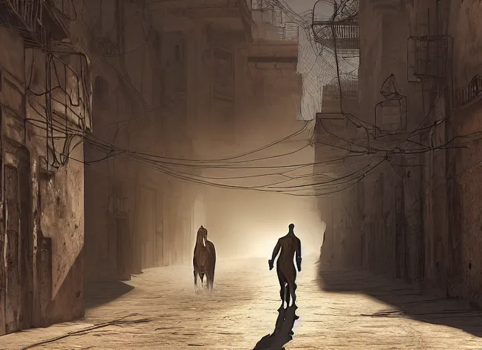 Prompt: old jeddah city alley, roshan, old shops, horse, magical glowing sand gateway to another dimension, several robots! and a man wearing a white robe standing watching over, dramatic lighting, dawn, by caspar david friedrich, unreal engine 5