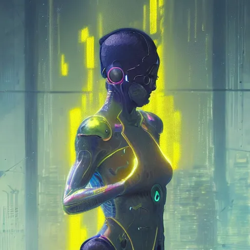 Prompt: a sage meditates under a waterfall pieces with glowing yelow visor as a realistic scifi cyberpunk, torso, art by james jean and greg rutkowski!!, real body proportions, digital art,, golden ratio, perfect composition, trending on artstation, 8 k