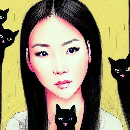 Prompt: bemused to be in surrounded by cats portrait of a vietnamese actress looking straight on, complex artistic color ink pen sketch illustration, full detail, soft shadowing, fully immersive reflections and particle effects, concept art by artgerm