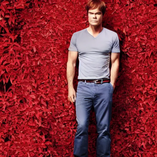 Prompt: Dexter Morgan dressed in red, hiding in the bushes, dreamy landscape