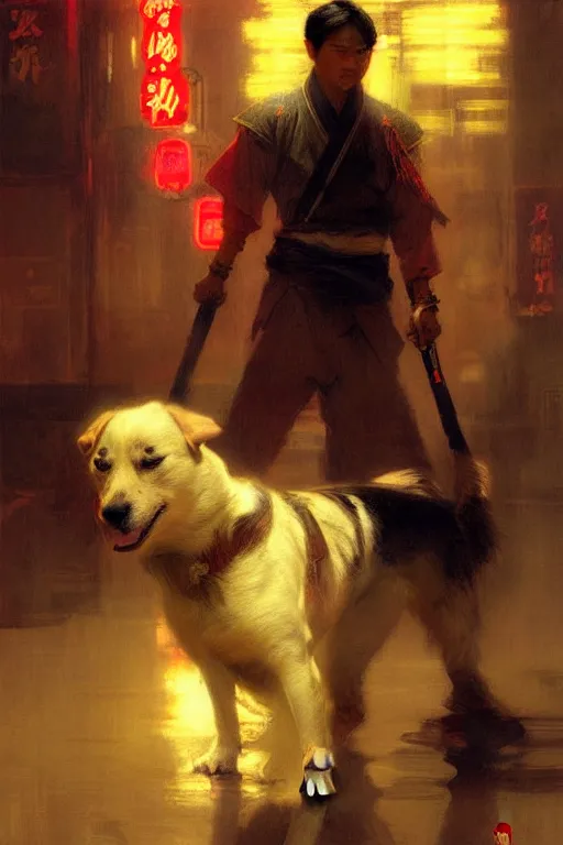 Prompt: dog, wuxia, neon light, painting by gaston bussiere, craig mullins, j. c. leyendecker