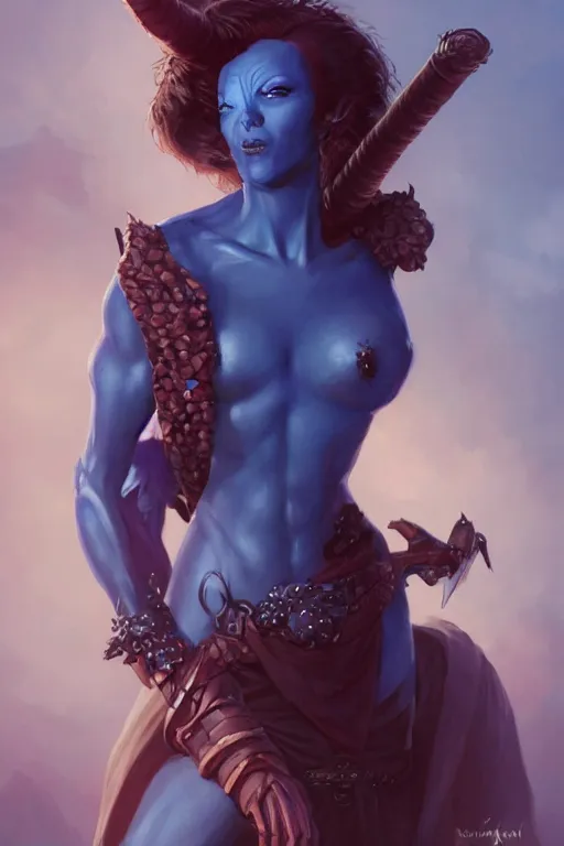 Prompt: shirley ann manson as a dark blue skinned tiefling, d & d, fantasy, portrait, highly detailed, headshot, digital painting, trending on artstation, concept art, sharp focus, illustration, art by artgerm and greg rutkowski and magali villeneuve