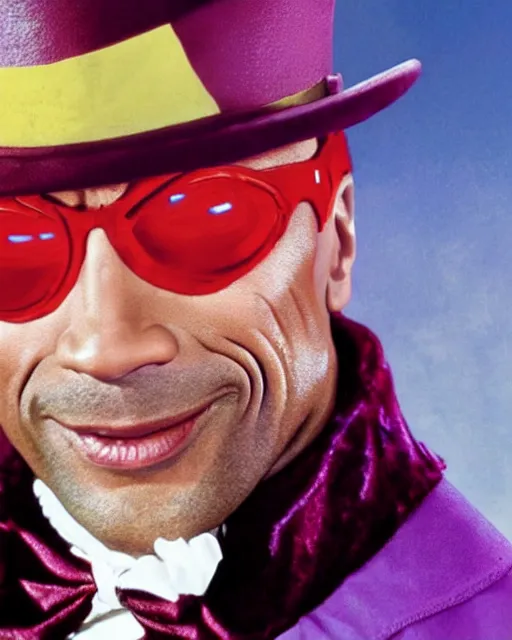 Image similar to Film still close-up shot of Dwayne Johnson as Willy Wonka from the movie Willy Wonka & The Chocolate Factory