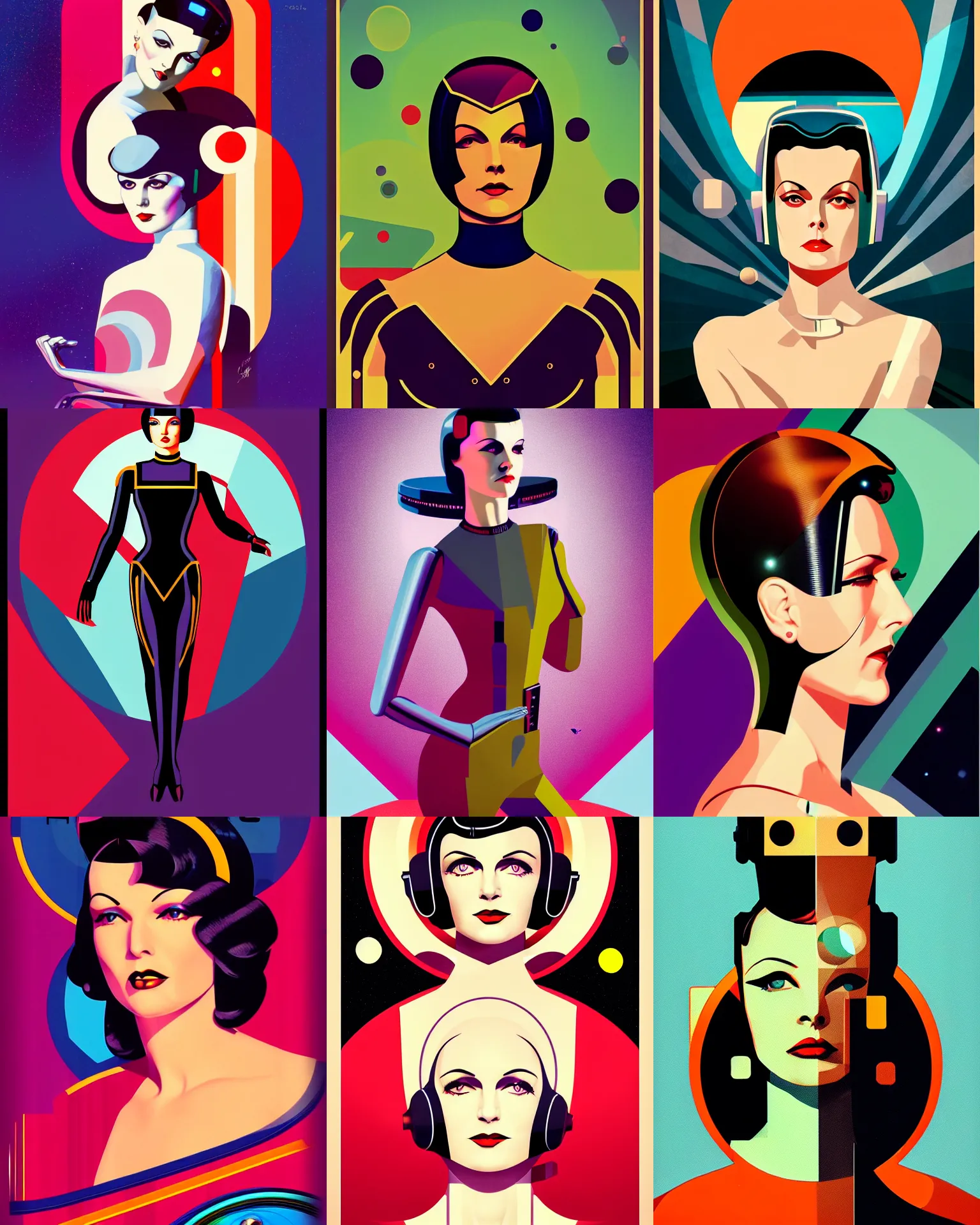 Prompt: art deco poster of android sherilyn fenn fused with mary louise brooks 2 2 years old space woman, half robot and half woman, retro futurism, solaris, half portrait by stanley artgerm, dramatic lighting, ilya kuvshinov, trending on artstation, flat colour, geometric curves, gradient filter, pleasing tone colours