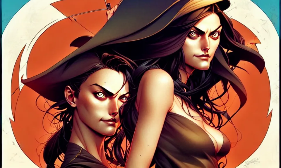 Image similar to artgerm, joshua middleton comic cover art, pretty pirate phoebe tonkin smiling, full body, symmetrical eyes, symmetrical face, long curly black hair, on a pirate ship background, warm colors