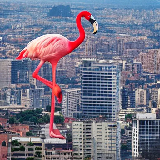 Prompt: photo of a giant real flamingo towering above a city