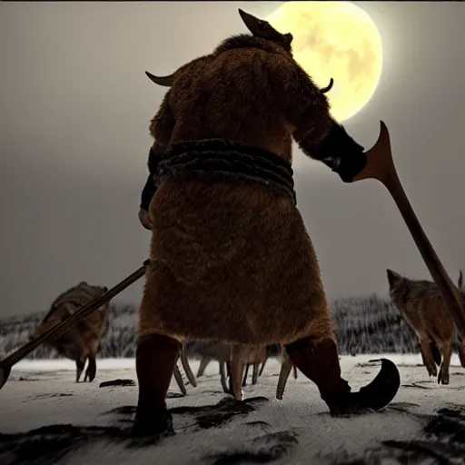 Prompt: the slaughtering of 1 0 0 0 pigs by horrible viking men dressed in wolves clothing. in wintertime. in the moonlight. hyper realistic 8 k render.