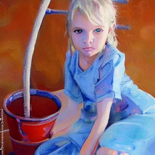 Image similar to A beautiful painting of a small girl with blonde hair, blue eyes, and a white dress sitting on a stool with her feet in a bucket of water. She has a serious look on her face as she stares at the water. cow print by Raymond Swanland, by Charles Camoin insane